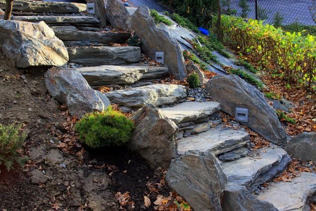 Kamienne schody ogrodowe z wbudowanym oświetleniem, prowadzące po zboczu, otoczone roślinnością i opadłymi liśćmi.