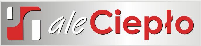 Logo firmy w kolorach czerwonym, białym i szarym, z napisem 'ale Ciepło' i abstrakcyjnym symbolem.