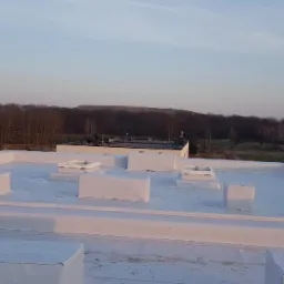 Biały, płaski dach pokryty membraną, z widocznymi świetlikami i kominami wentylacyjnymi, w tle las i budynki, na palecie rolki papy bitumicznej.