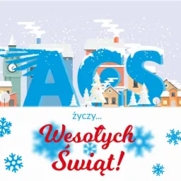 Grafika wektorowa z życzeniami 'Wesołych Świąt!', stylizowany zimowy krajobraz z domami i śnieżynkami w pastelowych kolorach, duże niebieskie litery tworzą napis AGS.