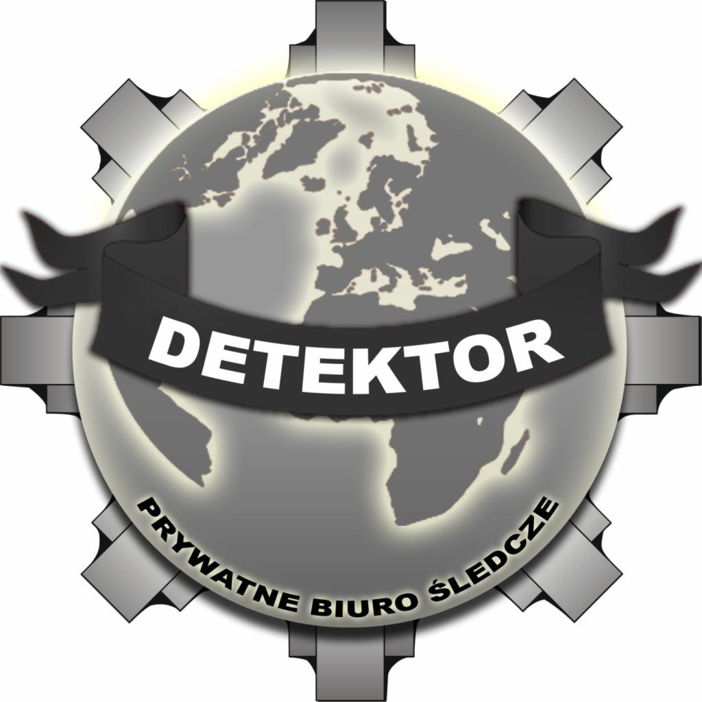 Logo firmy detektywistycznej: stylizowana kula ziemska w odcieniach szarości, otoczona elementami przypominającymi koło zębate, z czarnym banerem z napisem 'DETEKTOR' i napisem 'PRYWATNE BIURO...