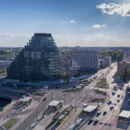 Panoramiczny widok z lotu ptaka na nowoczesny biurowiec o nietypowej, schodkowej architekturze, z tramwajami i ruchem ulicznym w dole, w słoneczny dzień.