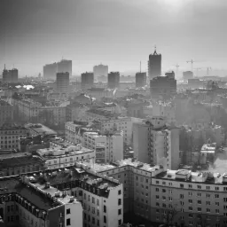 Czarno-biała panorama miasta z wysokimi budynkami w tle, widoczna mgła i liczne dachy budynków mieszkalnych.