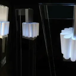 Nowoczesna lampa podłogowa z przezroczystego szkła i białych cylindrycznych kloszy, emitująca delikatne, niebieskawe światło, na czarnym tle.