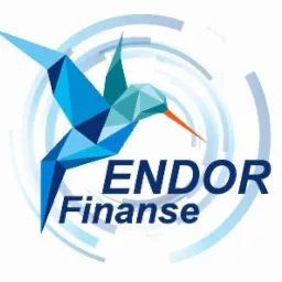 Logo firmy finansowej: geometryczny koliber w odcieniach niebieskiego z pomarańczowym dziobem na tle abstrakcyjnych, błękitnych okręgów, pod nim napis 'ENDOR Finanse'.