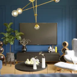 Salon w odcieniach granatu z nowoczesnym oświetleniem, drewnianymi głośnikami i fotelem z podnóżkiem.