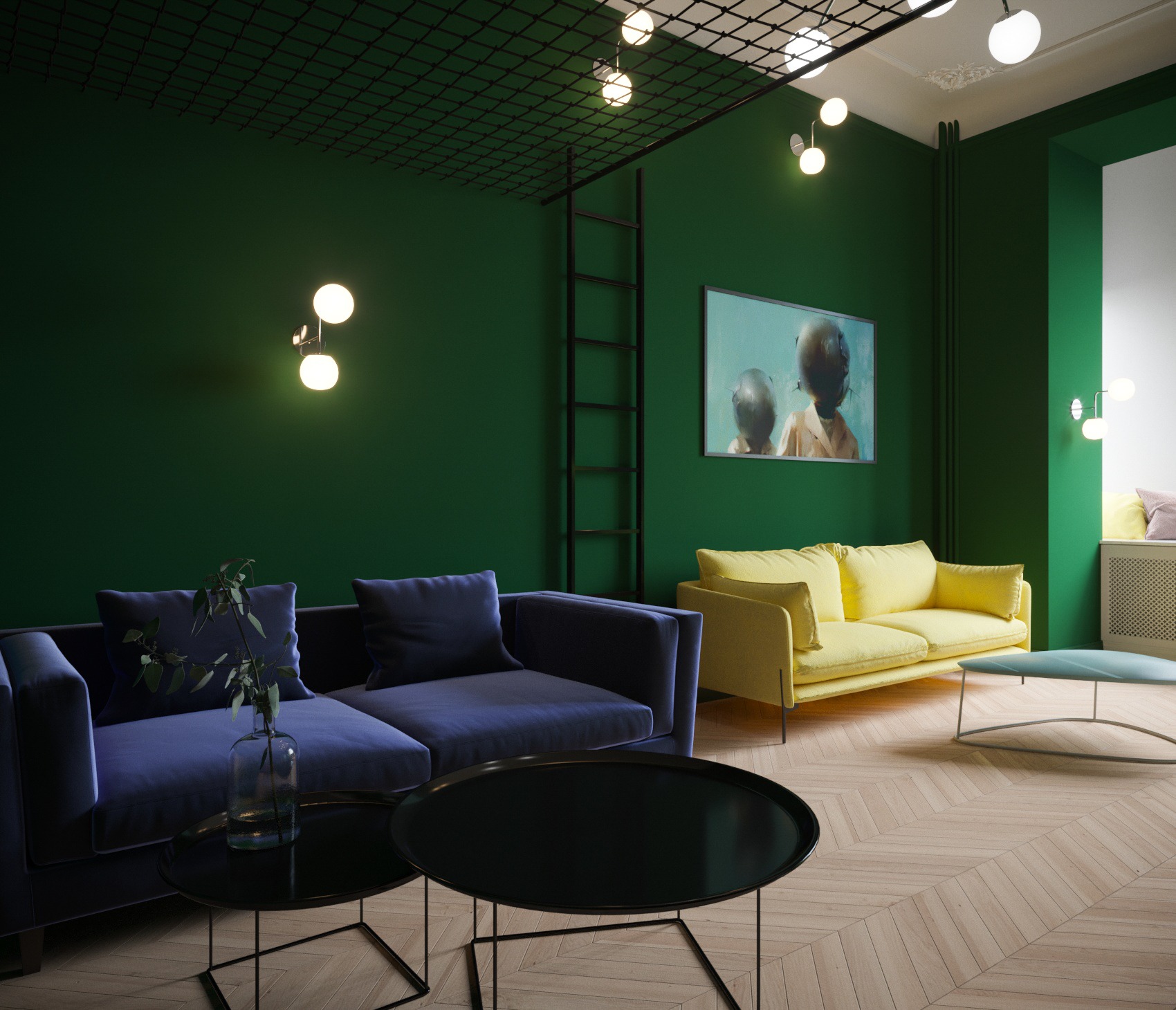 Wnętrze pokoju z ciemnozielonymi ścianami, granatową sofą, żółtą kanapą i parkietem ułożonym we wzór jodełki; na ścianie wisi obraz, a pod sufitem zamontowana jest czarna siatka z oświetleniem.