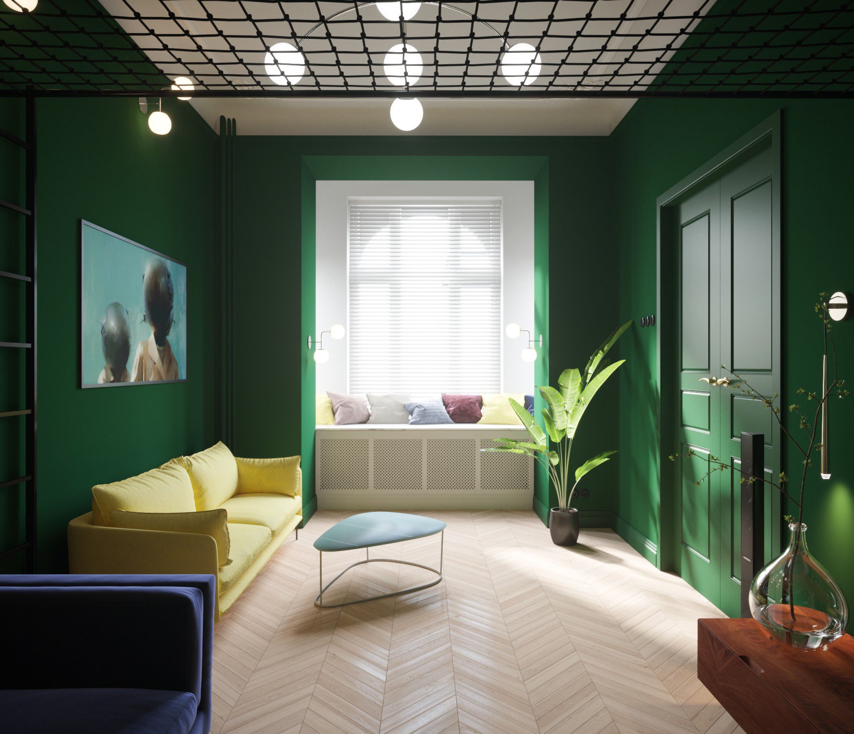 Wnętrze pokoju z zielonymi ścianami, żółtą sofą i niebieskim fotelem, drewnianą podłogą w jodełkę oraz oknem z poduszkami i rośliną doniczkową.