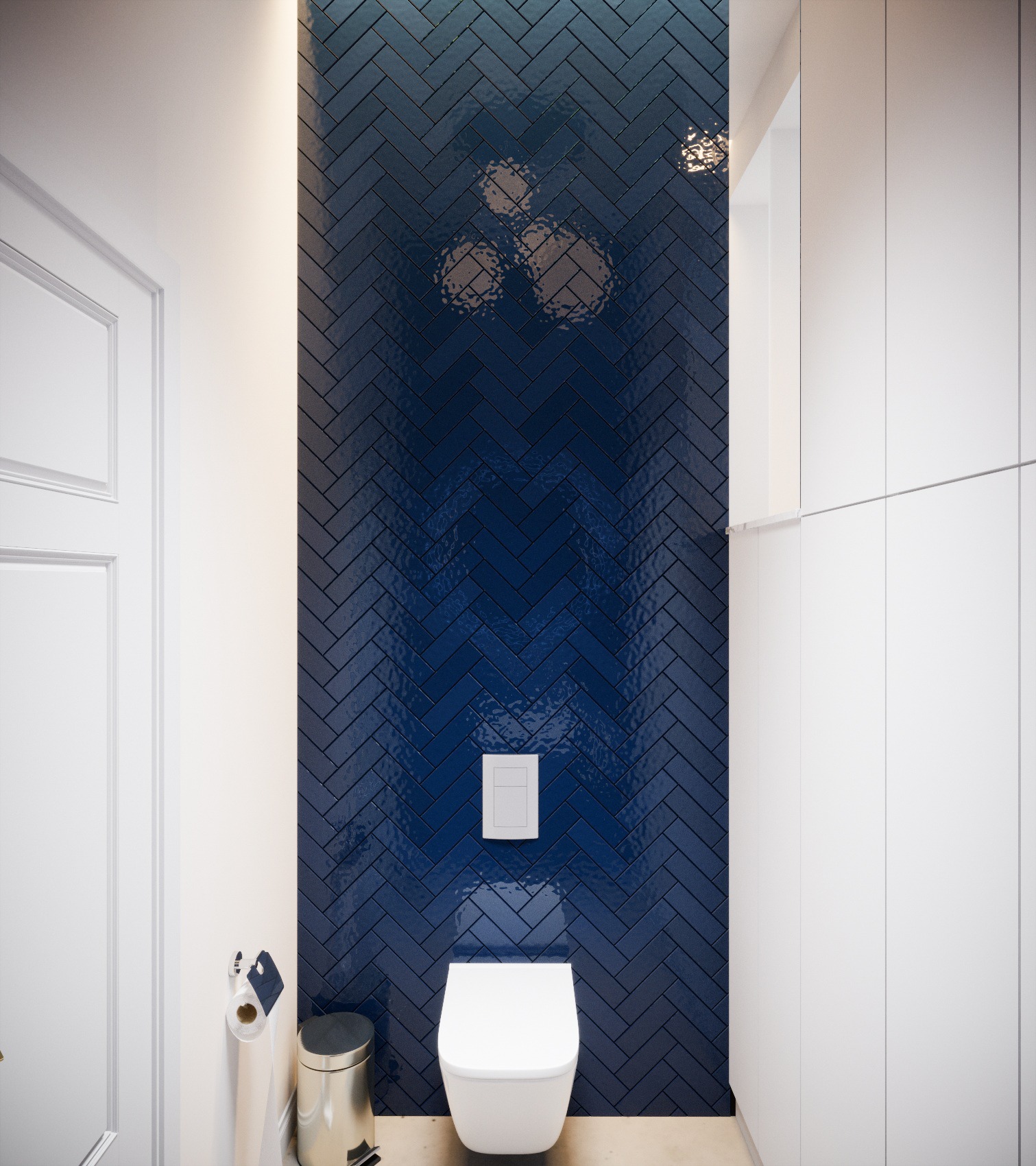 Nowoczesna toaleta z głęboką, granatową ścianą z płytek ułożonych w jodełkę, białą miską ustępową i minimalistyczną szafką w zabudowie.