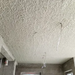 Świeżo nałożony tynk maszynowy na suficie w Aleksandrowie Łódzkim, widoczne przewody wystające z sufitu, surowy stan ścian.