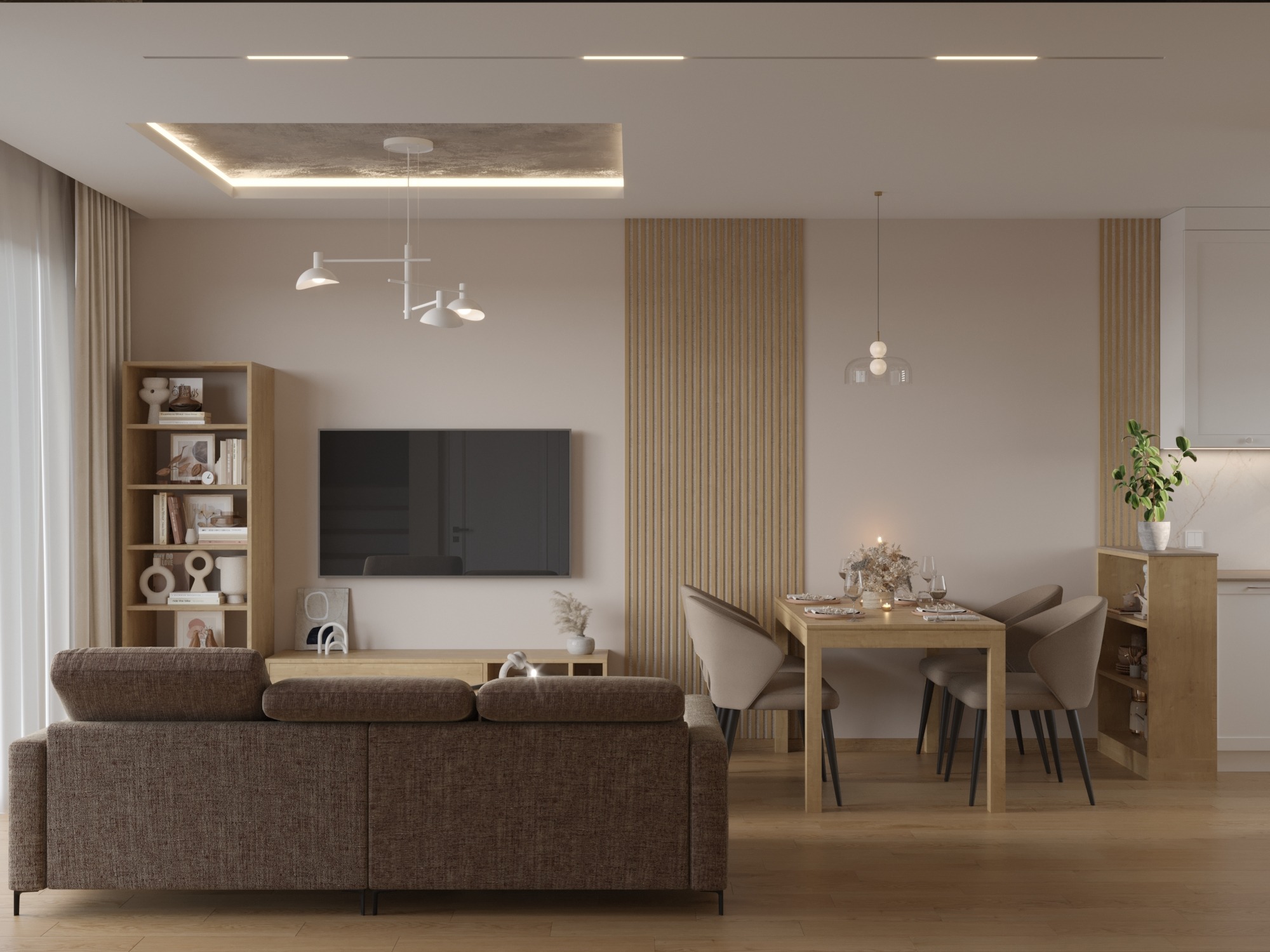 Jasny salon w Warszawie: brązowa sofa, stół z nakryciem, TV i regał. Subtelne oświetlenie sufitowe i dekoracyjne panele ścienne tworzą przytulną atmosferę.