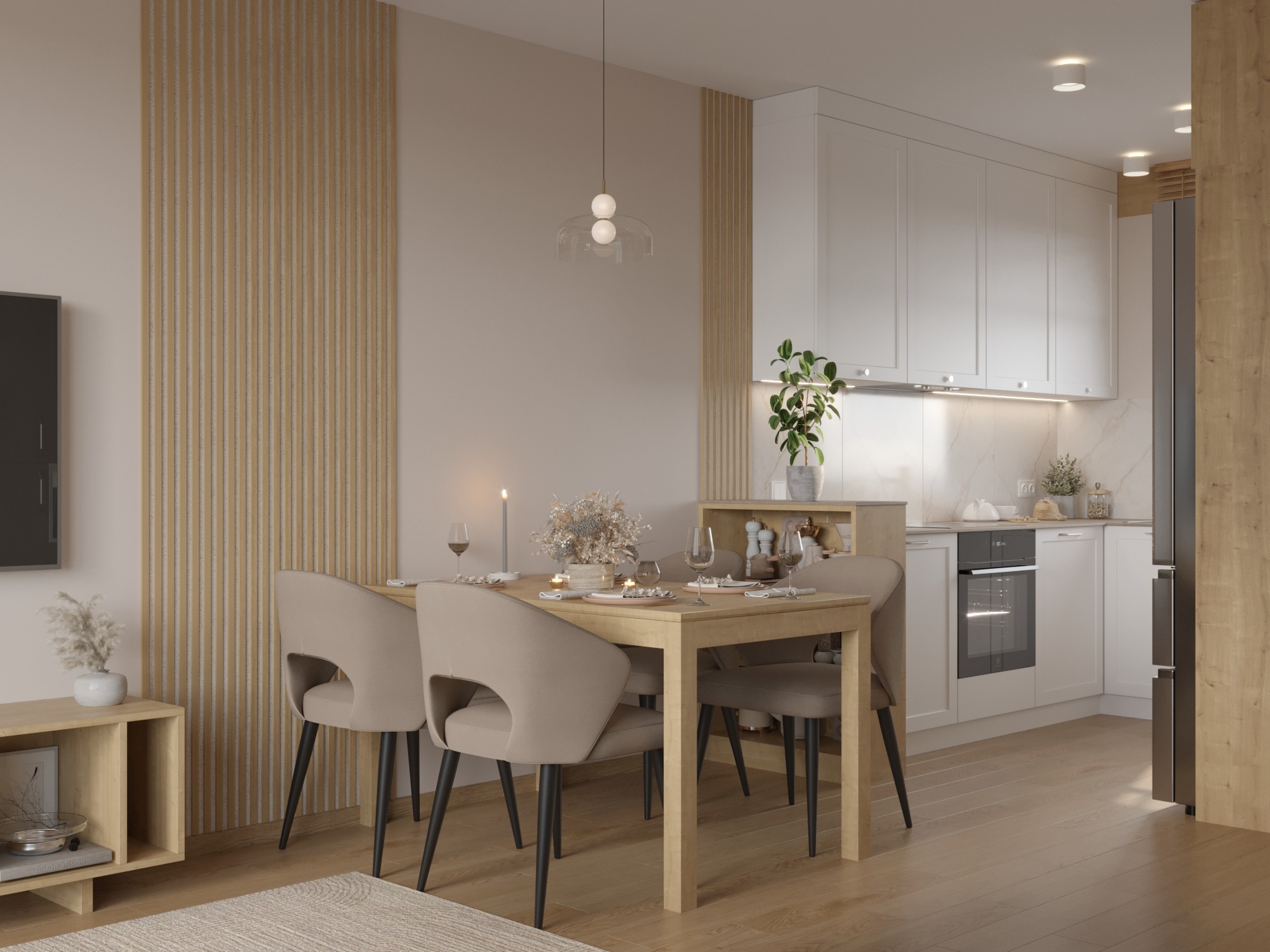 Jasna jadalnia z drewnianym stołem, krzesłami w odcieniach beżu i dekoracyjną ścianą z drewnianych paneli. W tle widoczna kuchnia z białymi szafkami i marmurowym blatem.