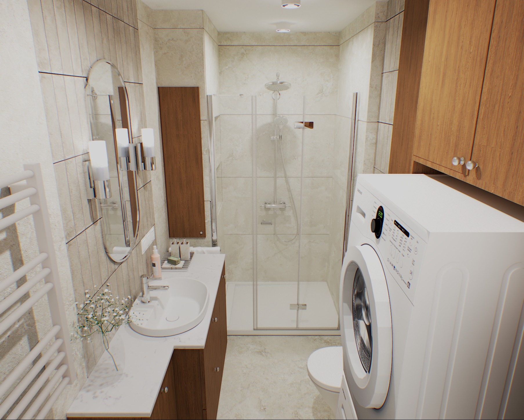 Jasna łazienka z drewnianymi akcentami: umywalka z szafką, kabina prysznicowa i pralka. Owalne lustro z oświetleniem nad umywalką. Minimalistyczny design.