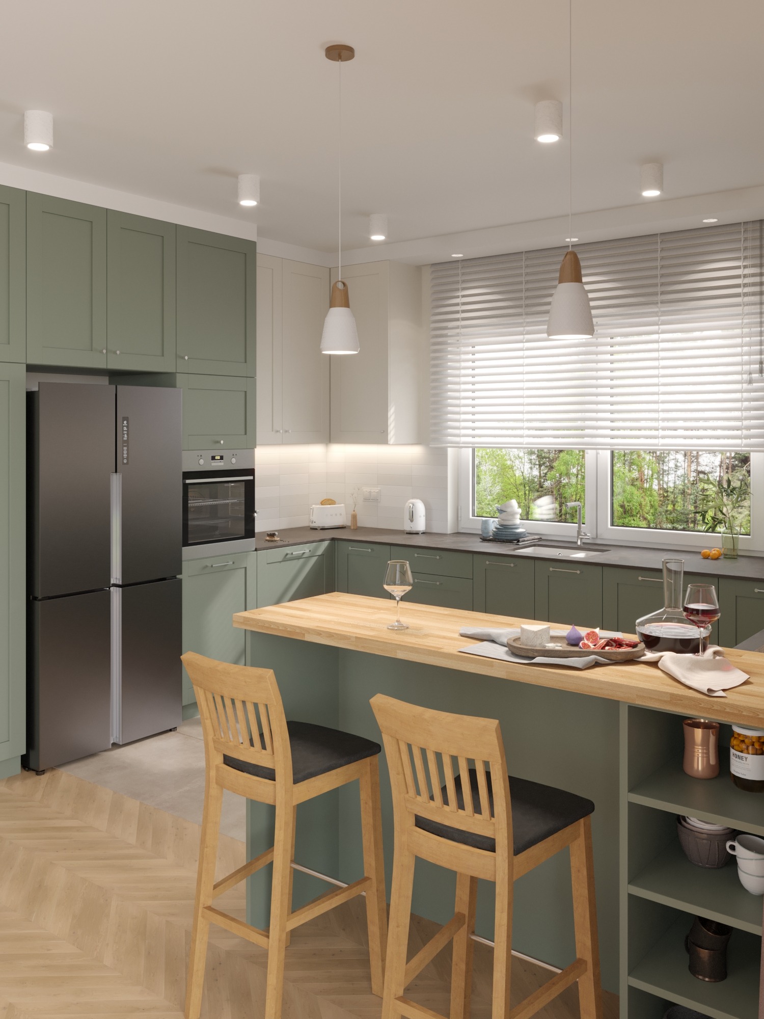 Nowoczesna kuchnia w odcieniach zieleni z drewnianym blatem wyspy, na której znajdują się przekąski i wino. Widok na okno z żaluzjami i zielenią za nim.