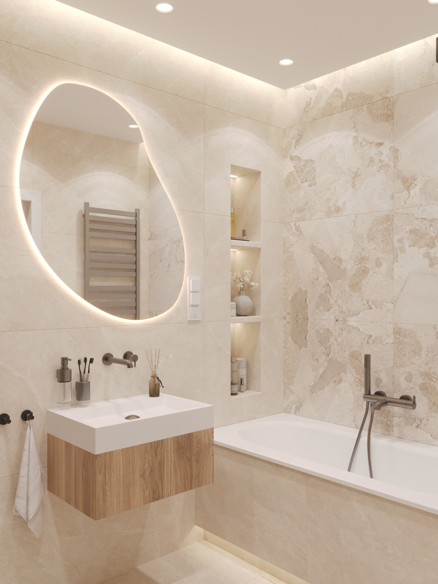Beżowa łazienka z owalnym lustrem z podświetleniem LED, białą umywalką z drewnianą szafką i wanną. Widoczne wnęki z dekoracjami.