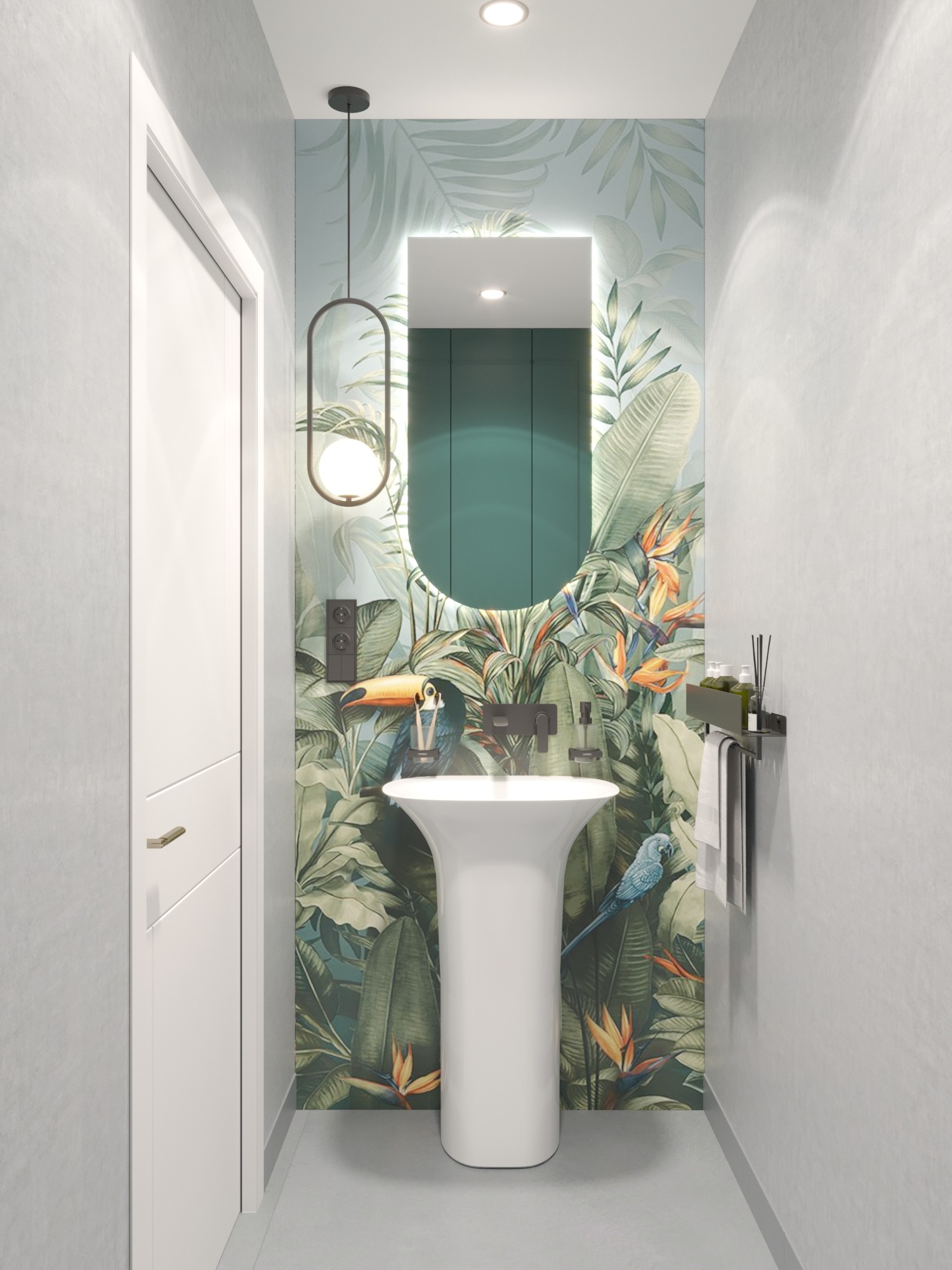 Wąska łazienka z umywalką na postumencie i lustrem z podświetleniem LED, na tle ściany z motywem tropikalnych liści i ptaków. Nowoczesny design, minimalistyczny styl.