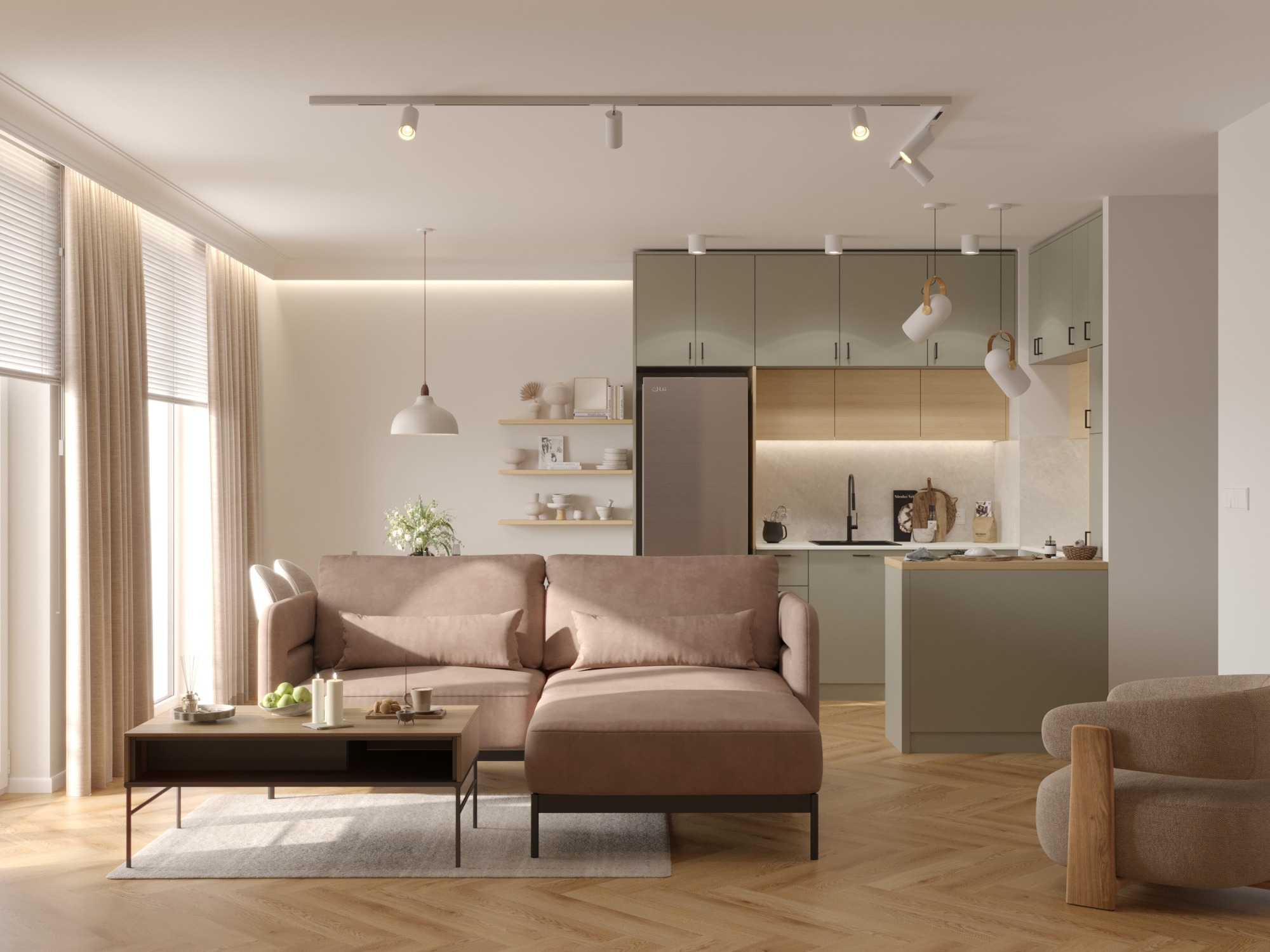 Jasne wnętrze: salon z sofą w odcieniach brązu, drewniany parkiet w jodełkę, kuchnia w pastelowej zieleni. Nowoczesne oświetlenie punktowe i minimalistyczny design.