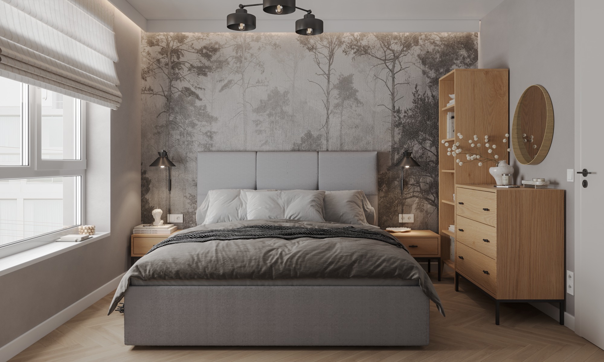 Neutralna sypialnia z łóżkiem, tapetą w leśny motyw i drewnianą komodą z półkami. Minimalistyczny design, ciepłe oświetlenie, parkiet w jodełkę. Aranżacja wnętrza.