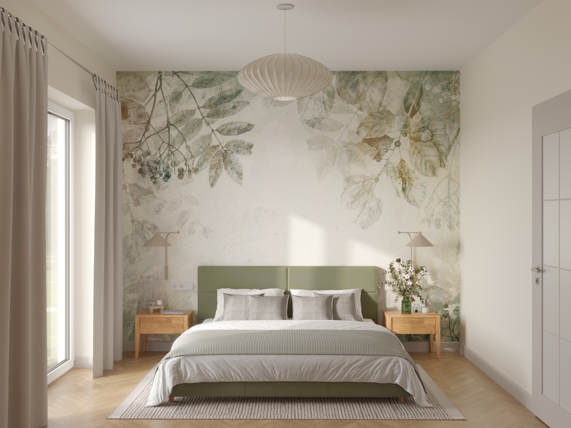 Jasna sypialnia z łóżkiem z zielonym zagłówkiem, drewnianymi szafkami nocnymi i tapetą w liście. Naturalne światło z okna z zasłonami. Przytulne wnętrze.