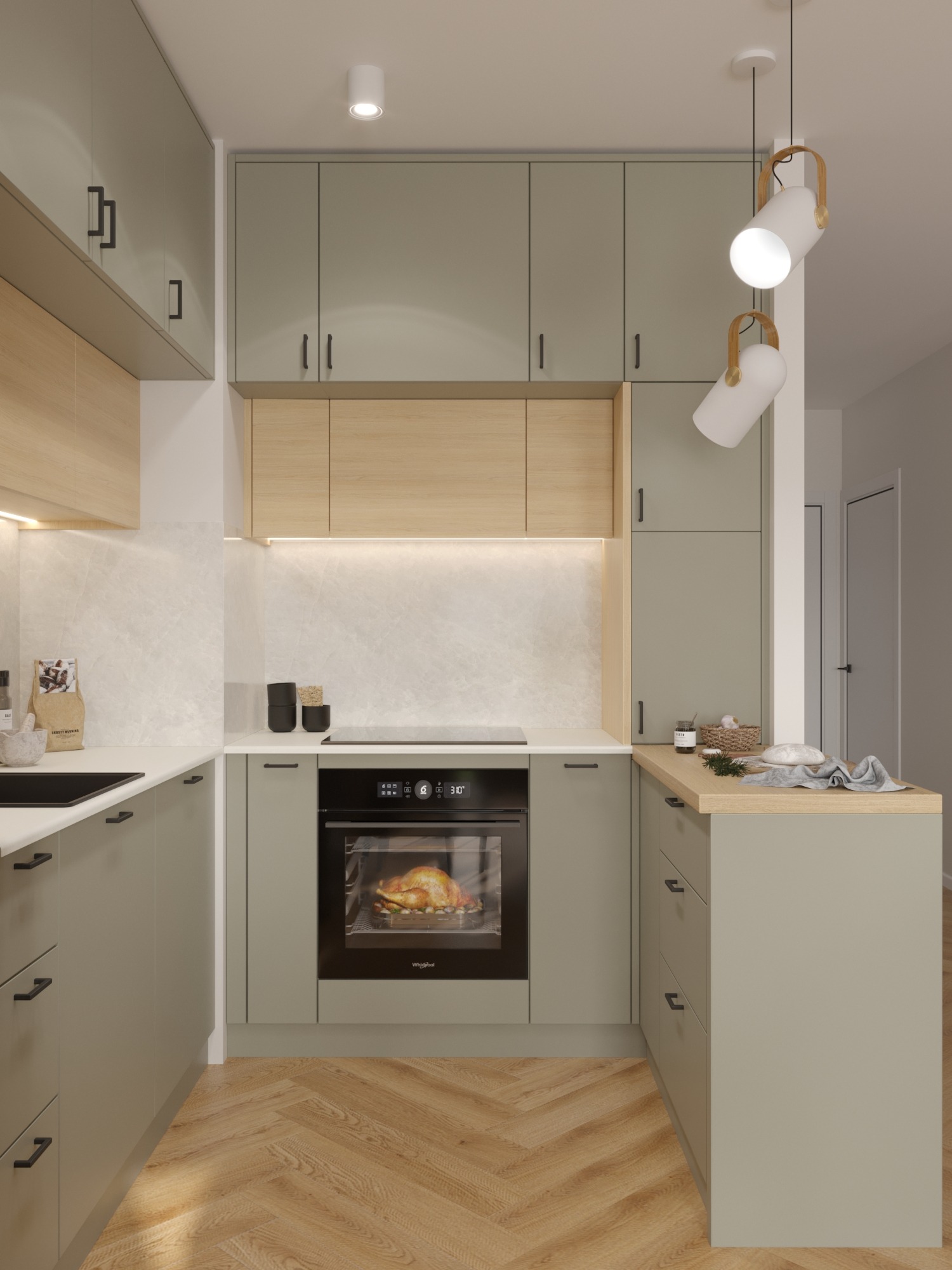 Kompaktowa kuchnia w odcieniach zieleni i drewna, z piekarnikiem z pieczonym kurczakiem, oświetleniem punktowym i parkietem w jodełkę. Nowoczesny design.