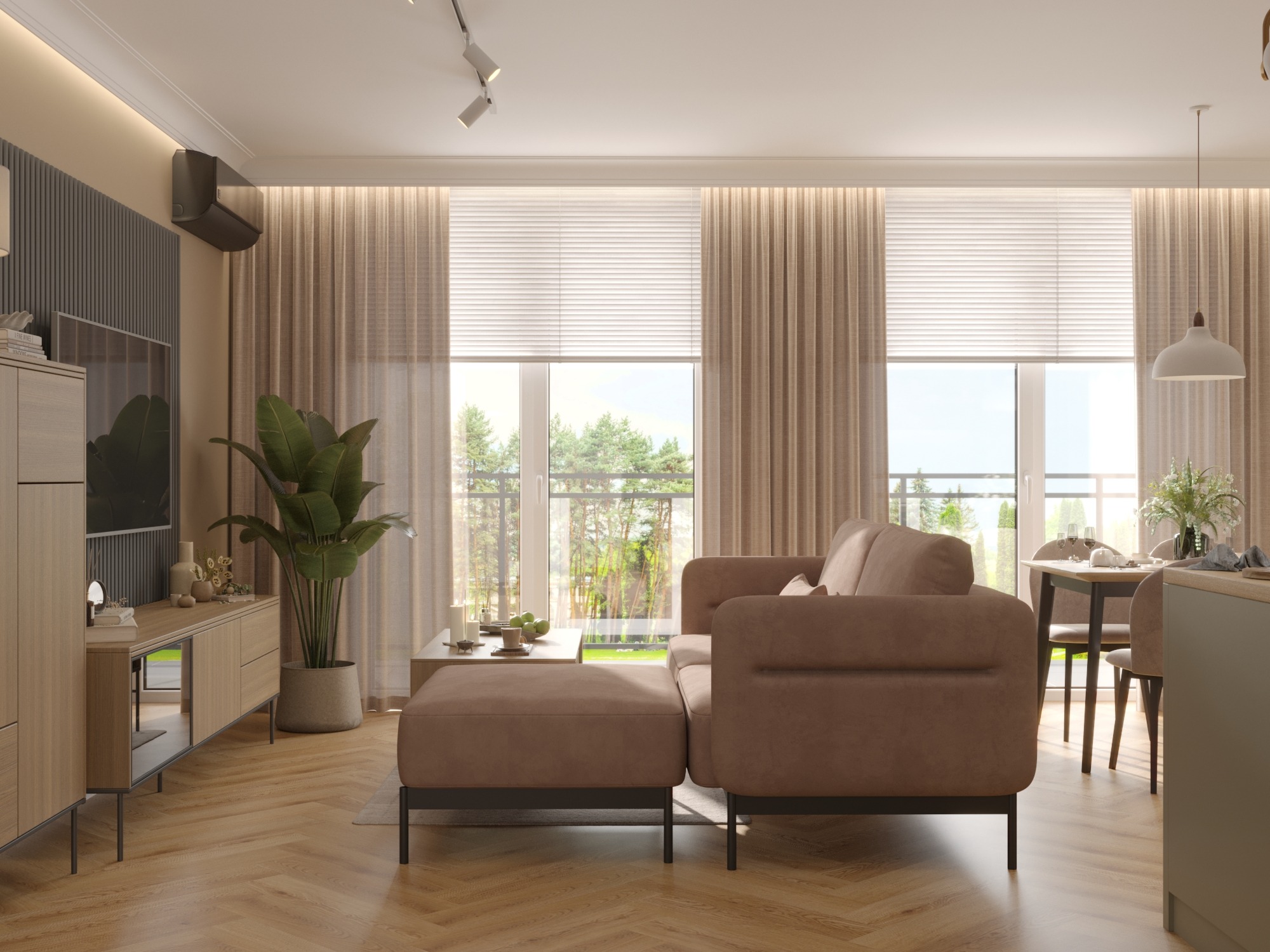 Jasne wnętrze salonu z parkietem w jodełkę, brązową sofą i widokiem na zieleń za oknem. Minimalistyczny design, neutralna kolorystyka, oświetlenie punktowe.