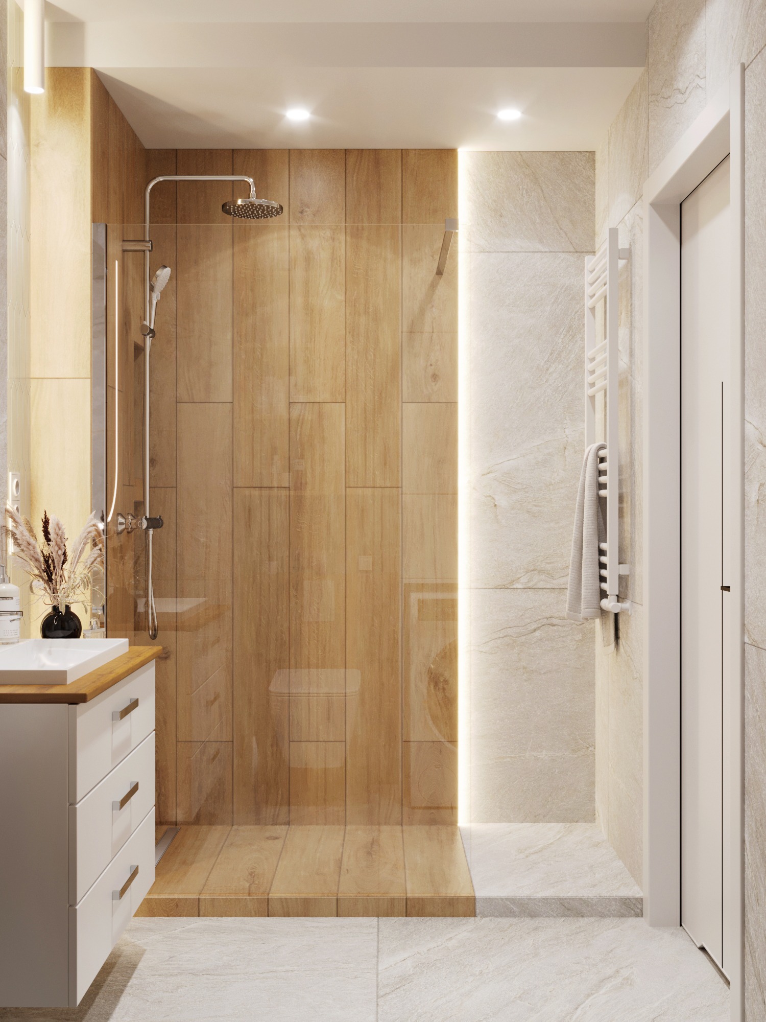 Nowoczesna łazienka z kabiną prysznicową typu walk-in, wykończona płytkami imitującymi drewno i kamień. Biała szafka z umywalką i grzejnik drabinkowy.