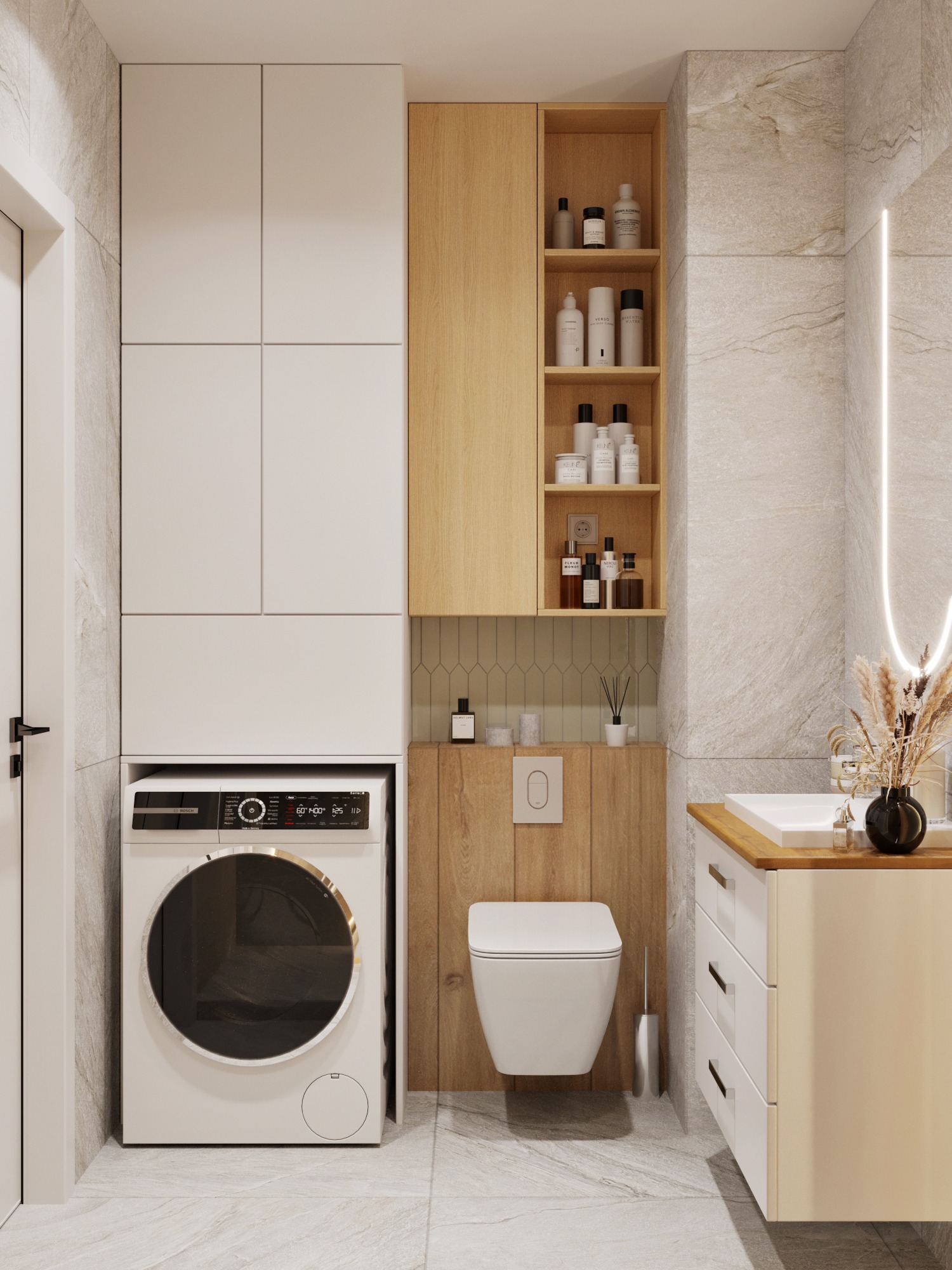 Nowoczesna łazienka z pralką w zabudowie, drewnianymi akcentami i minimalistyczną armaturą. Oświetlenie LED podkreśla marmurkową teksturę płytek.