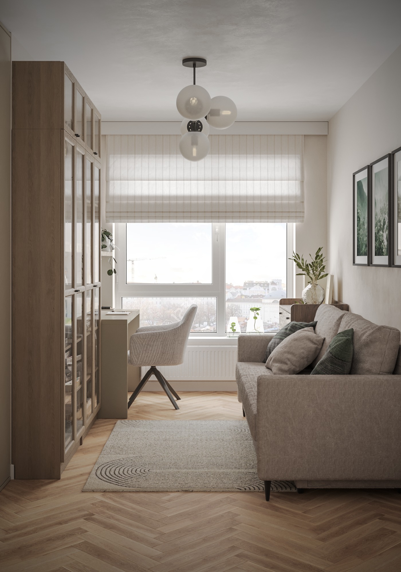 Jasne wnętrze pokoju z biurkiem, sofą i regałem. Parkiet w jodełkę, dywan z geometrycznym wzorem. Za oknem widok na miasto. Neutralna kolorystyka, minimalistyczny design.