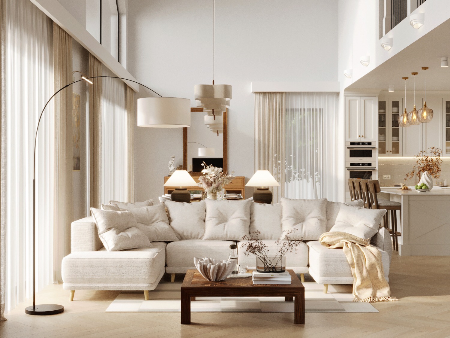 Jasne wnętrze z narożną sofą, drewnianym stolikiem kawowym i łukową lampą. W tle otwarta kuchnia z wyspą i wiszącymi lampami. Minimalistyczny design z naturalnym światłem.