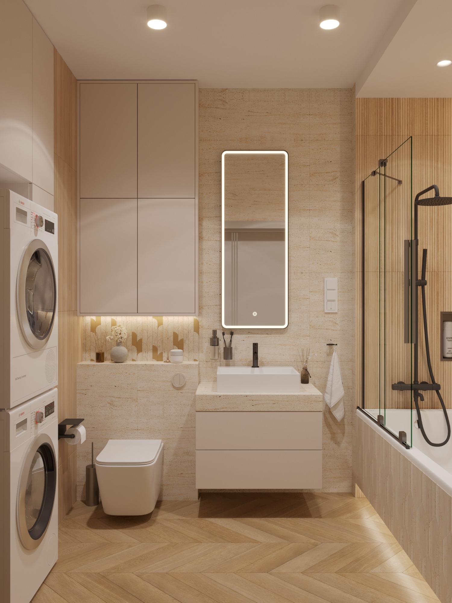 Nowoczesna łazienka z pralką i suszarką Bosch, beżowe płytki, drewniana podłoga w jodełkę, podświetlane lustro i minimalistyczna armatura w kolorze czarnym.