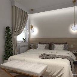 Sypialnia w jasnych kolorach i naturalnym drewnem