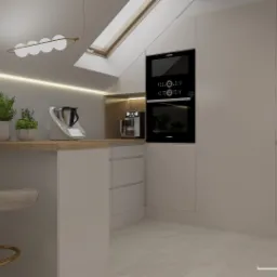 Wizualizacja kuchni w odcieniach beżu z drewnianym blatem, oświetleniem LED, dwoma hokerami z złotymi nogami i oknem dachowym.