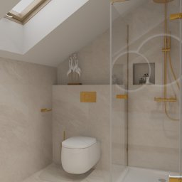 JLStudio Projekt - Wizualizacja łazienki na poddaszu z beżowymi płytkami, kabiną prysznicową ze złotymi elementami, wiszącą toaletą i grzejnikiem drabinkowym na ręczniki.