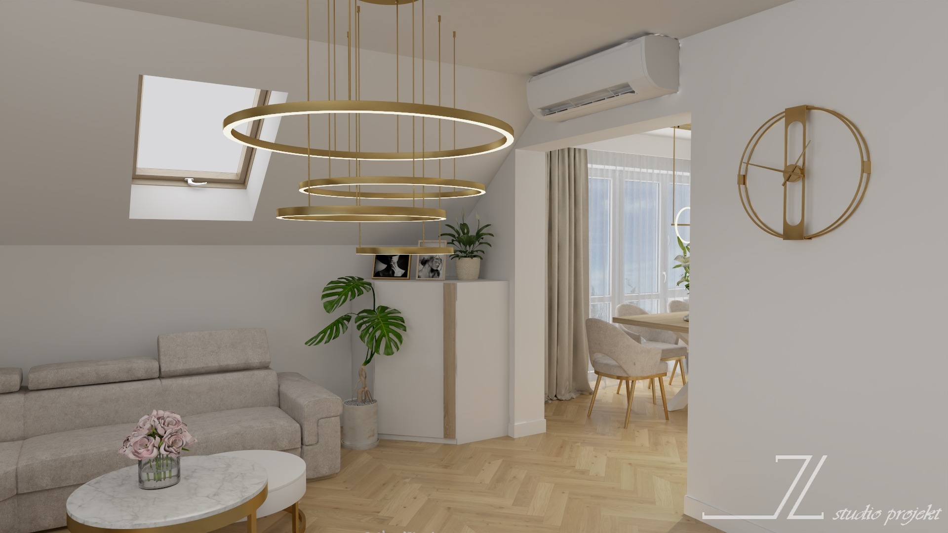 Wizualizacja salonu z aneksem jadalnym w jasnych barwach, z elementami złota: lampy pierścieniowe, zegar na ścianie, rama stolika kawowego. Na pierwszym planie sofa i stolik z marmurowym blatem,...