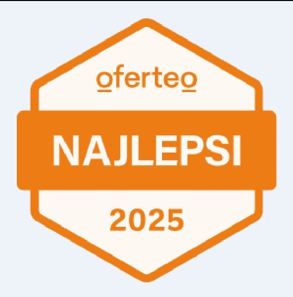 Pomarańczowa odznaka Oferteo 'Najlepsi 2025' na białym tle.