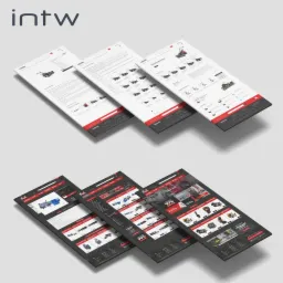 Prezentacja wizualna kilku responsywnych układów stron internetowych sklepu z częściami maszyn, w perspektywie 3D z logo firmy INTW w lewym górnym rogu.