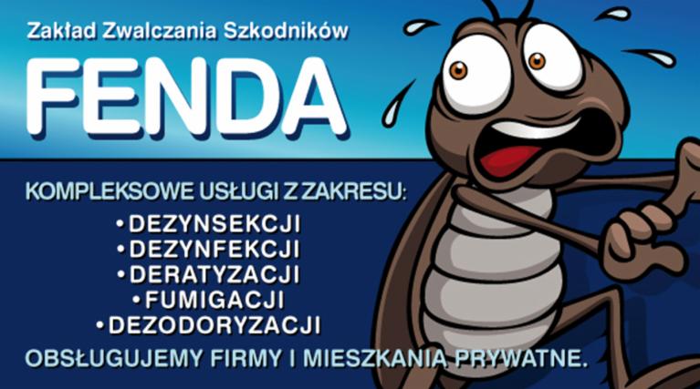 Grafika reklamowa firmy FENDA oferującej kompleksowe usługi z zakresu dezynsekcji, dezynfekcji, deratyzacji, fumigacji i dezodoryzacji, z kreskówkową ilustracją przerażonego karalucha.