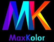 Kolorowe logo firmy MaxKolor z literami MK w odcieniach fioletu, błękitu i pomarańczu na czarnym tle.