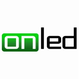 Logo firmy ONLED z zielonym prostokątem za literami 'on' i czarnymi literami 'led'.