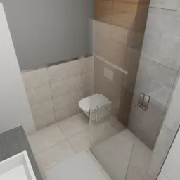 Wizualizacja łazienki z podwieszaną toaletą, szklaną kabiną prysznicową, beżowymi i szarymi płytkami oraz umywalką nablatową z dozownikami mydła.