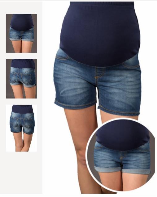 Jeansowe szorty ciążowe z wysokim, elastycznym panelem na brzuch, prezentowane z przodu i z tyłu na białym tle.