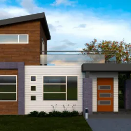 Wizualizacja dwukondygnacyjnego domu jednorodzinnego z płaskim dachem, elewacją z drewnianą okładziną i białym sidingiem, antracytowymi detalami oraz pomarańczowymi drzwiami wejściowymi.