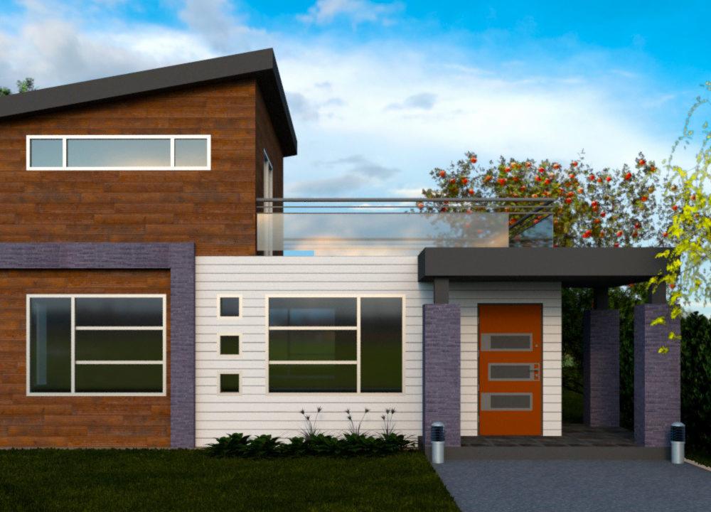 Wizualizacja dwukondygnacyjnego domu jednorodzinnego z płaskim dachem, elewacją z drewnianą okładziną i białym sidingiem, antracytowymi detalami oraz pomarańczowymi drzwiami wejściowymi.