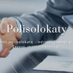 Uścisk dłoni na tle tabletu i wykresu, z tekstem o polisolokatach i możliwości odzyskania pieniędzy.