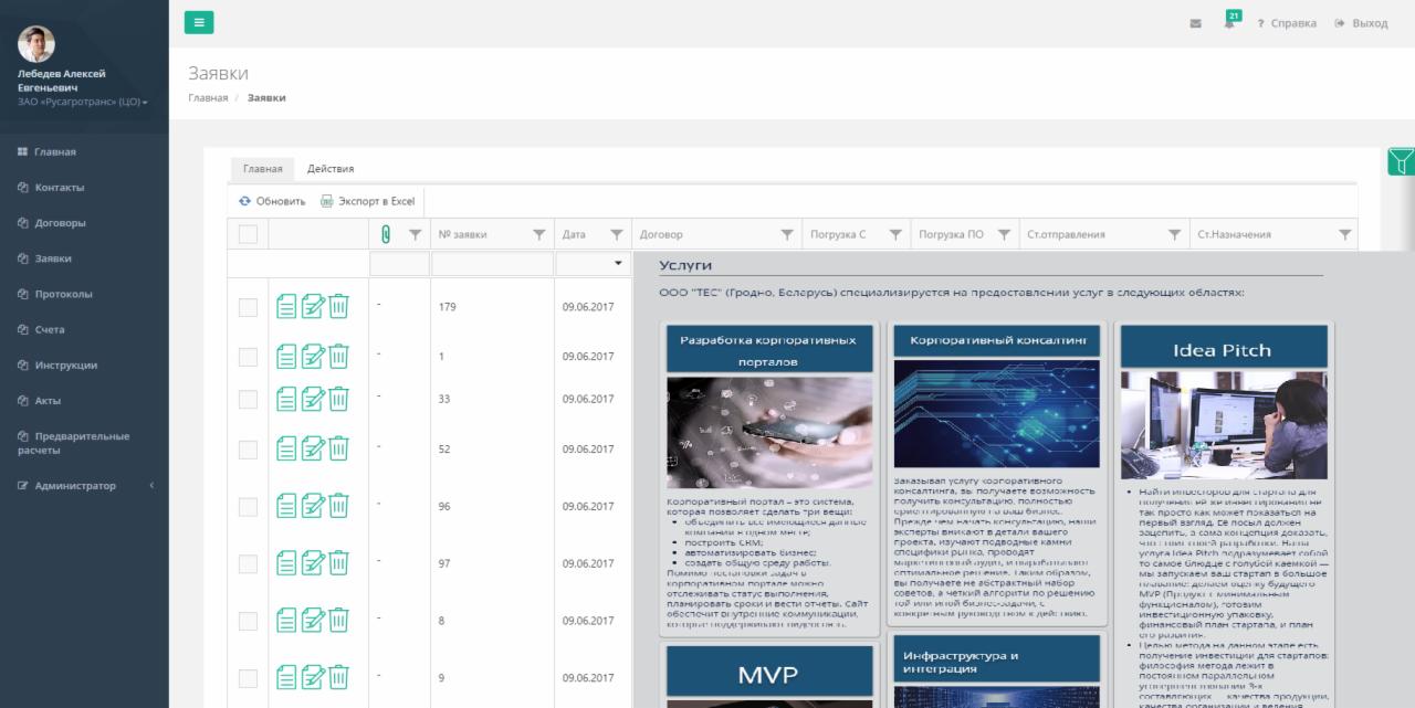 Zrzut ekranu interfejsu systemu informatycznego z listą zgłoszeń, datami, umowami i usługami, w tym kartami z opisami usług: Rozwój portali korporacyjnych, Konsulting korporacyjny, Idea Pitch...