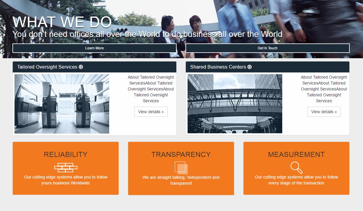 Strona internetowa firmy oferującej usługi dla biznesu, z sekcjami poświęconymi nadzorowi, centrom biznesowym, niezawodności, transparentności i pomiarom.