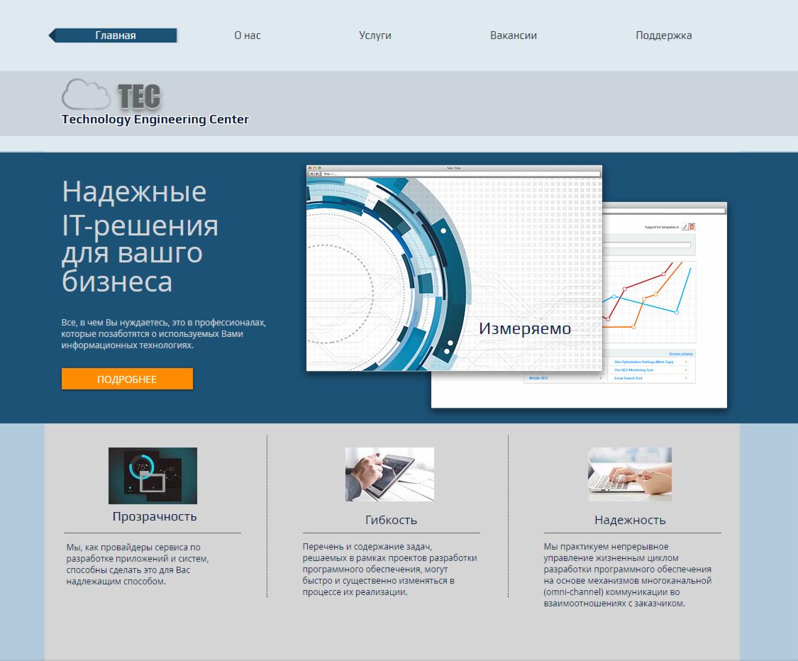 Strona internetowa firmy IT z hasłem 'Niezawodne rozwiązania IT dla Twojego biznesu', prezentująca wizualizacje danych i interfejsów programistycznych.