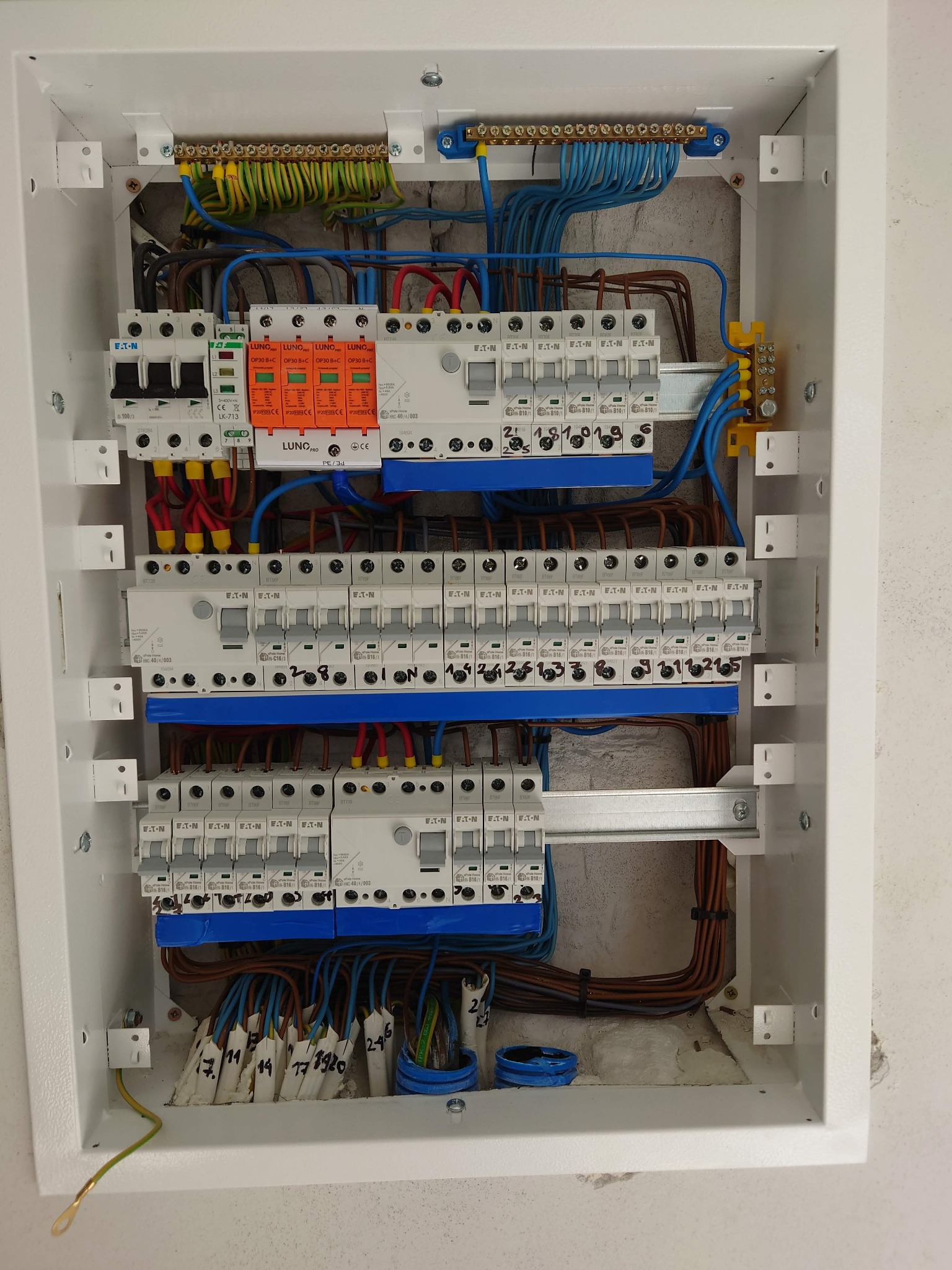 Otwarta, biała skrzynka rozdzielcza z zainstalowanymi bezpiecznikami, ogranicznikami przepięć LUNO i okablowaniem w różnych kolorach, widoczne oznaczenia na przewodach i elementach, szara ściana...