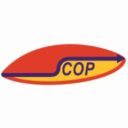 Graficzne logo firmy Scop z nazwą w kolorze granatowym, umieszczone na stylizowanej strzałce w kolorze żółtym i czerwonym.