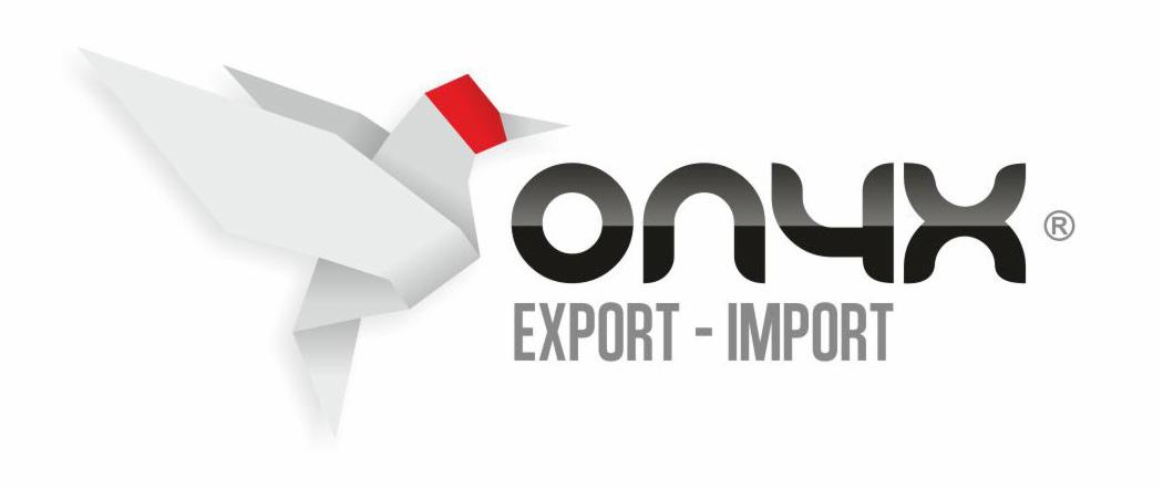 Logo firmy Onyx Export-Import z origami ptaka w kolorze białym i czerwonym oraz nazwą firmy w kolorze czarnym.